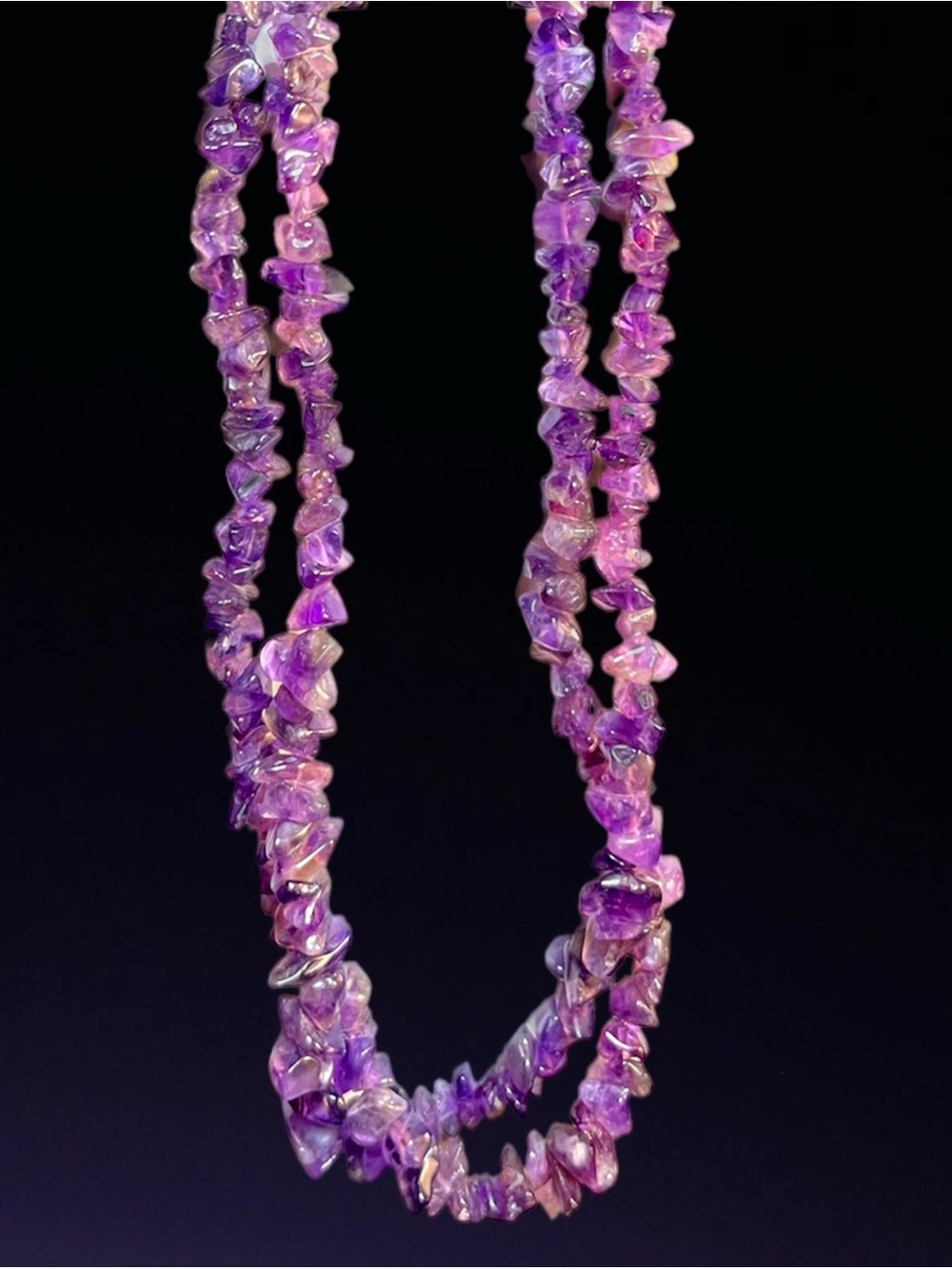 Vintage 925 Sterling Silver Double Strand Amethyst Chip Necklace 17" Bali Cone